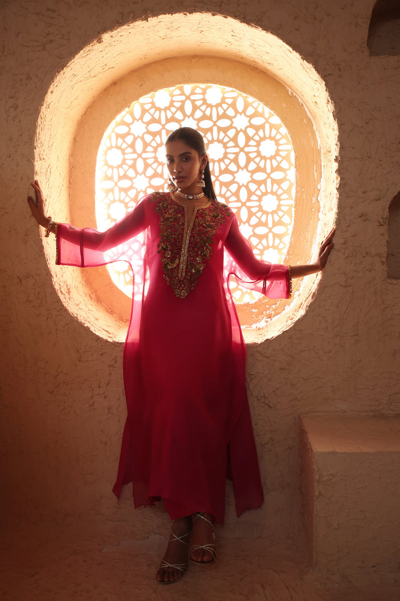 Mehrang Pink Kaftan Kurta Set organza , silk tencel kurta/kurta set by Niti Bothra in pink for women in Singapore