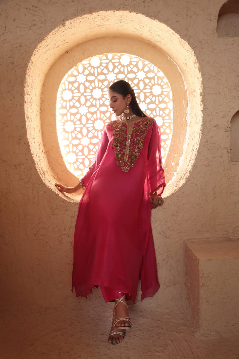 Mehrang Pink Kaftan Kurta Set organza , silk tencel kurta/kurta set by Niti Bothra in pink for women in Singapore