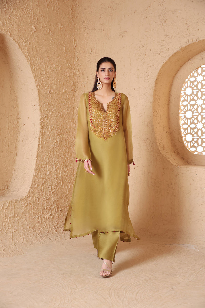 Mehrang Olive Green Heavy Neck Kurta Set organza , silk tencel kurta/kurta set by Niti Bothra in green for women in Singapore