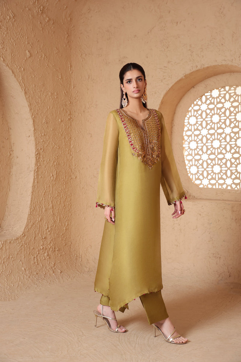 Mehrang Olive Green Heavy Neck Kurta Set organza , silk tencel kurta/kurta set by Niti Bothra in green for women in Singapore