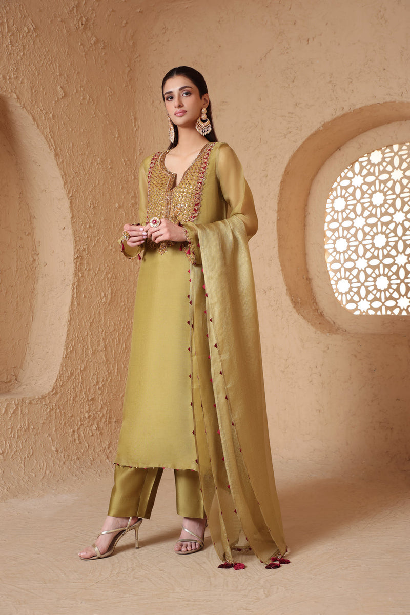 Mehrang Olive Green Heavy Neck Kurta Set organza , silk tencel kurta/kurta set by Niti Bothra in green for women in Singapore