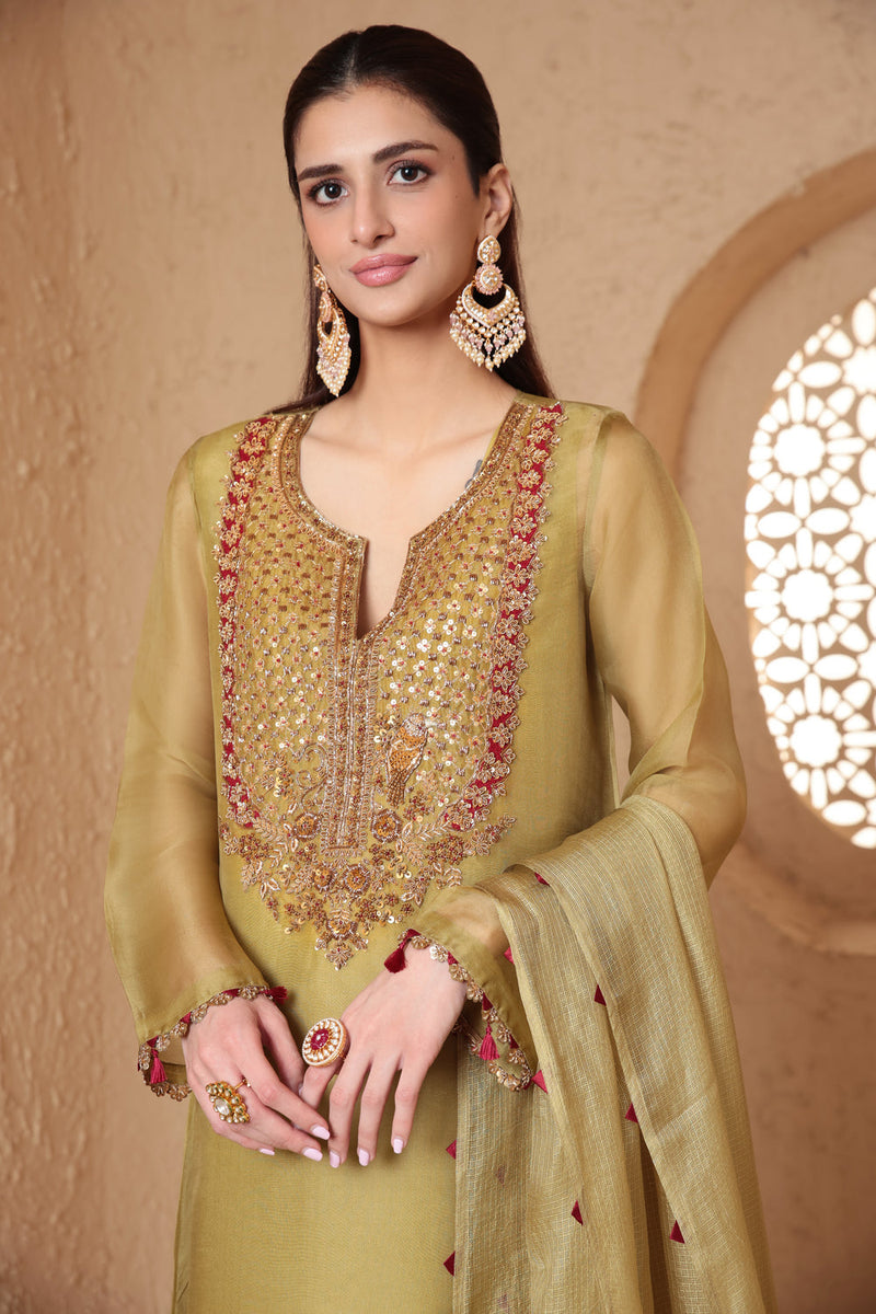 Mehrang Olive Green Heavy Neck Kurta Set organza , silk tencel kurta/kurta set by Niti Bothra in green for women in Singapore