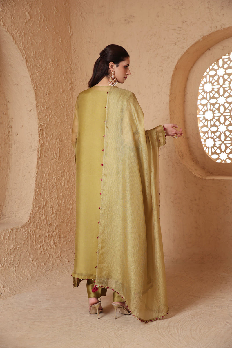 Mehrang Olive Green Heavy Neck Kurta Set organza , silk tencel kurta/kurta set by Niti Bothra in green for women in Singapore
