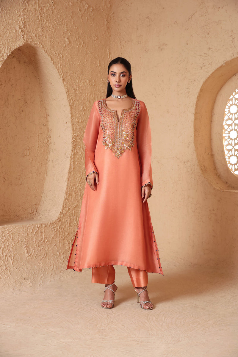 Mehrang Peach Heavy Neck Kurta Set organza , silk tencel kurta/kurta set by Niti Bothra in peach for women in Singapore