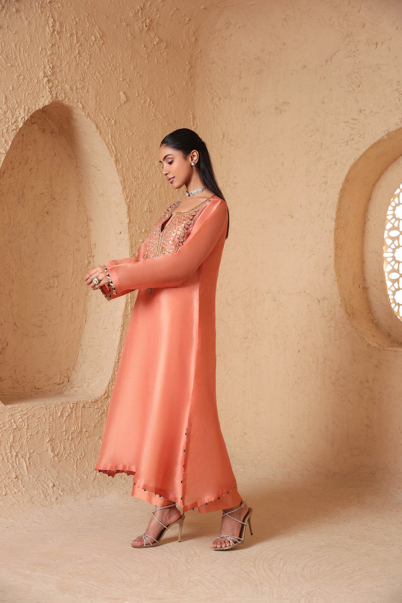 Mehrang Peach Heavy Neck Kurta Set organza , silk tencel kurta/kurta set by Niti Bothra in peach for women in Singapore