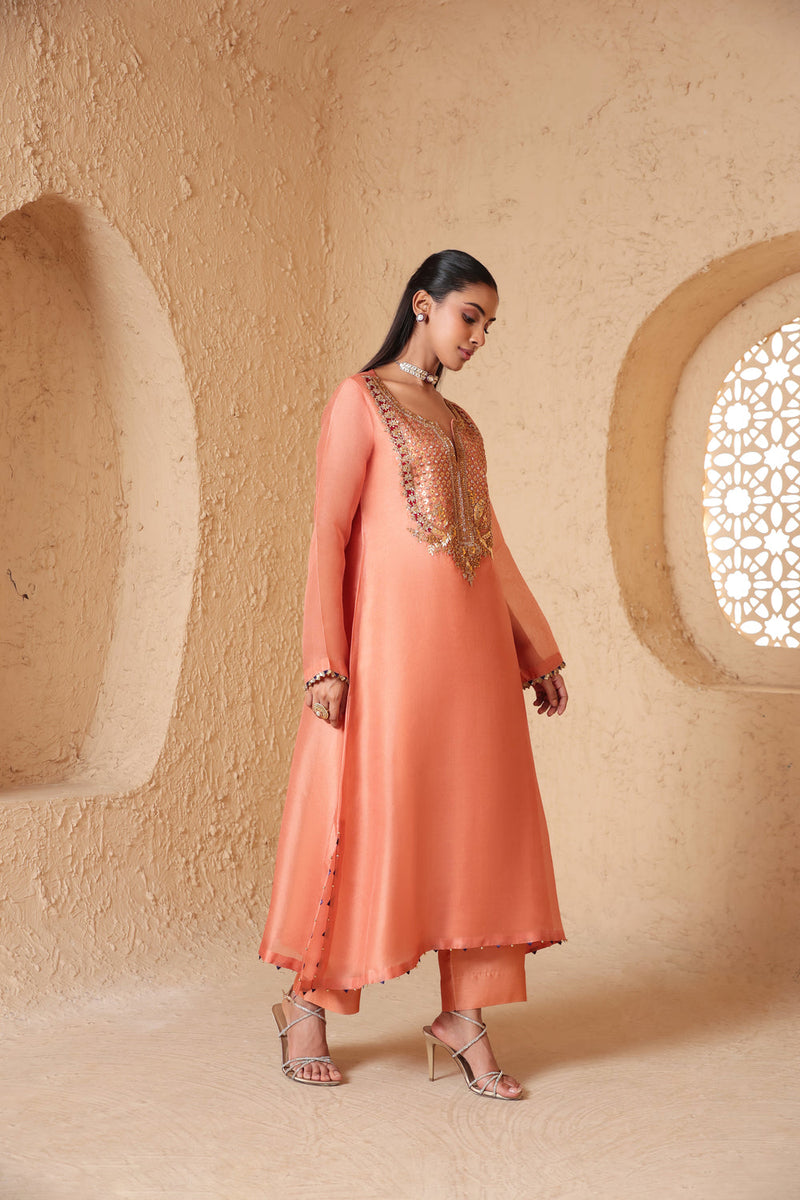 Mehrang Peach Heavy Neck Kurta Set organza , silk tencel kurta/kurta set by Niti Bothra in peach for women in Singapore