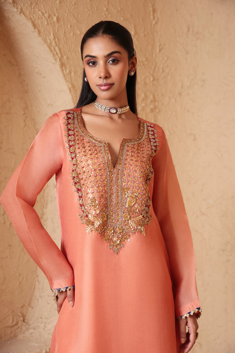 Mehrang Peach Heavy Neck Kurta Set organza , silk tencel kurta/kurta set by Niti Bothra in peach for women in Singapore