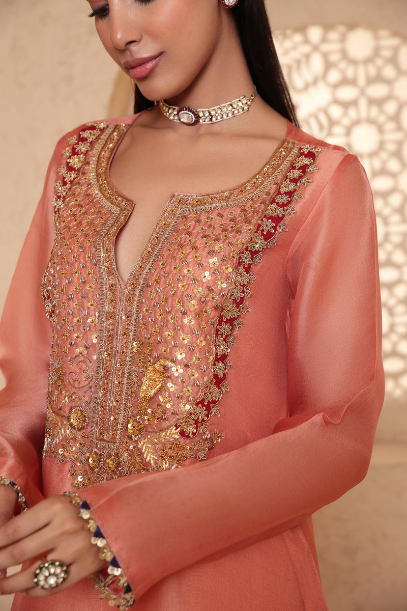 Mehrang Peach Heavy Neck Kurta Set organza , silk tencel kurta/kurta set by Niti Bothra in peach for women in Singapore
