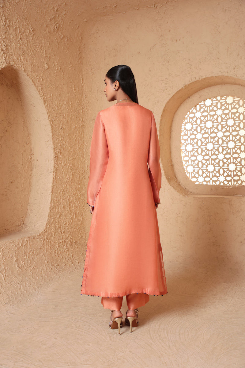 Mehrang Peach Heavy Neck Kurta Set organza , silk tencel kurta/kurta set by Niti Bothra in peach for women in Singapore
