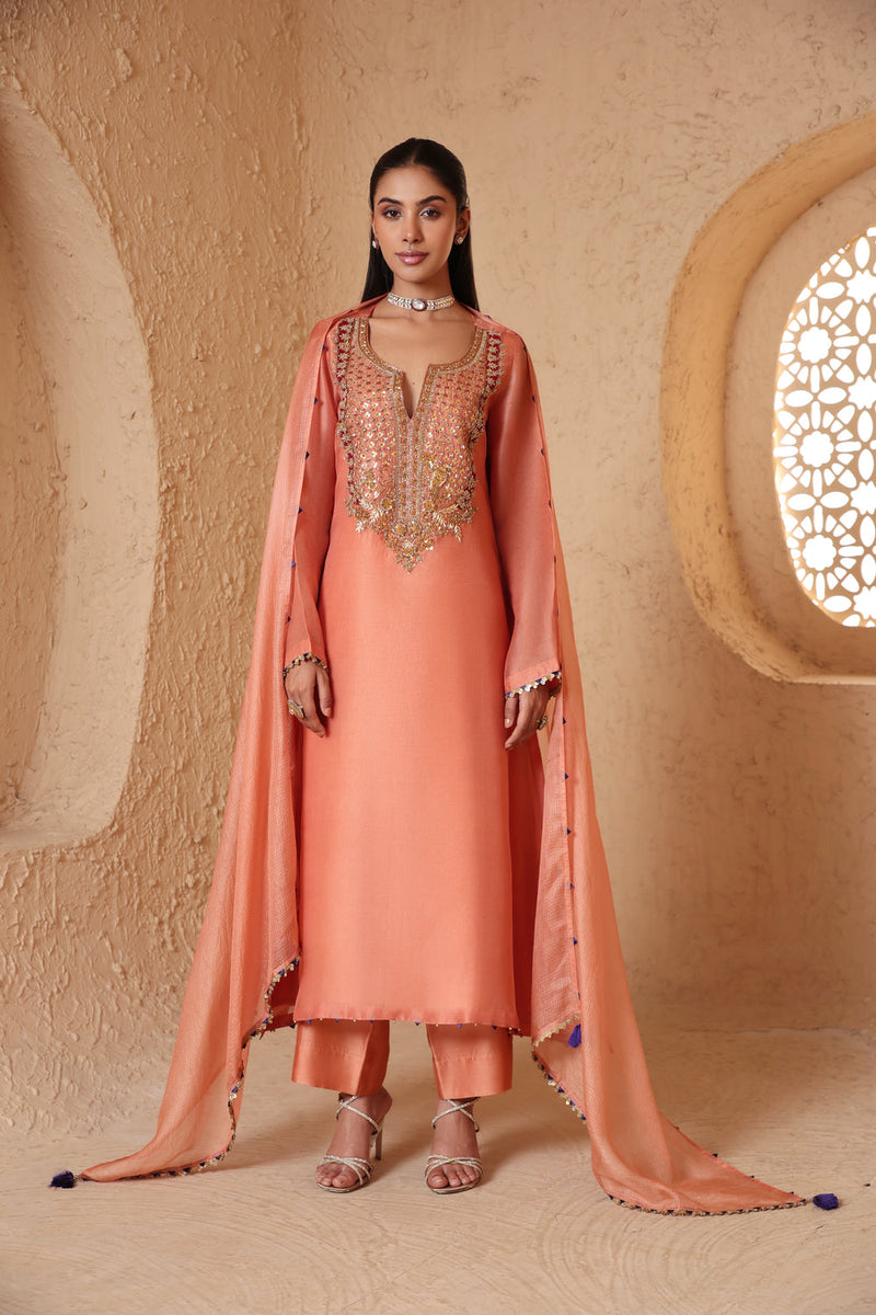 Mehrang Peach Heavy Neck Kurta Set organza , silk tencel kurta/kurta set by Niti Bothra in peach for women in Singapore