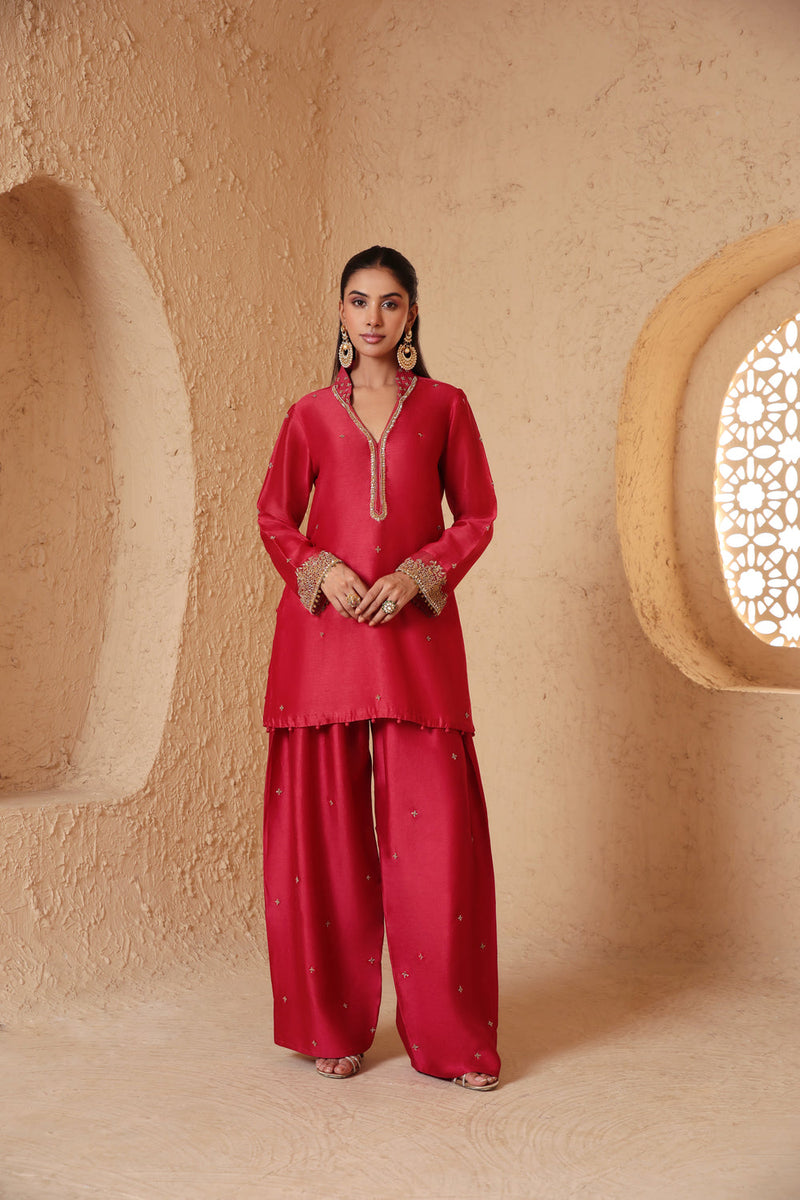Mehrang Red Short Buti Kurta Set silk chanderi , silk tencel kurta/kurta set by Niti Bothra in red for women in Singapore
