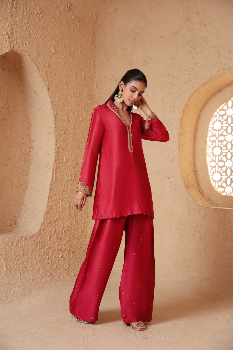 Mehrang Red Short Buti Kurta Set silk chanderi , silk tencel kurta/kurta set by Niti Bothra in red for women in Singapore