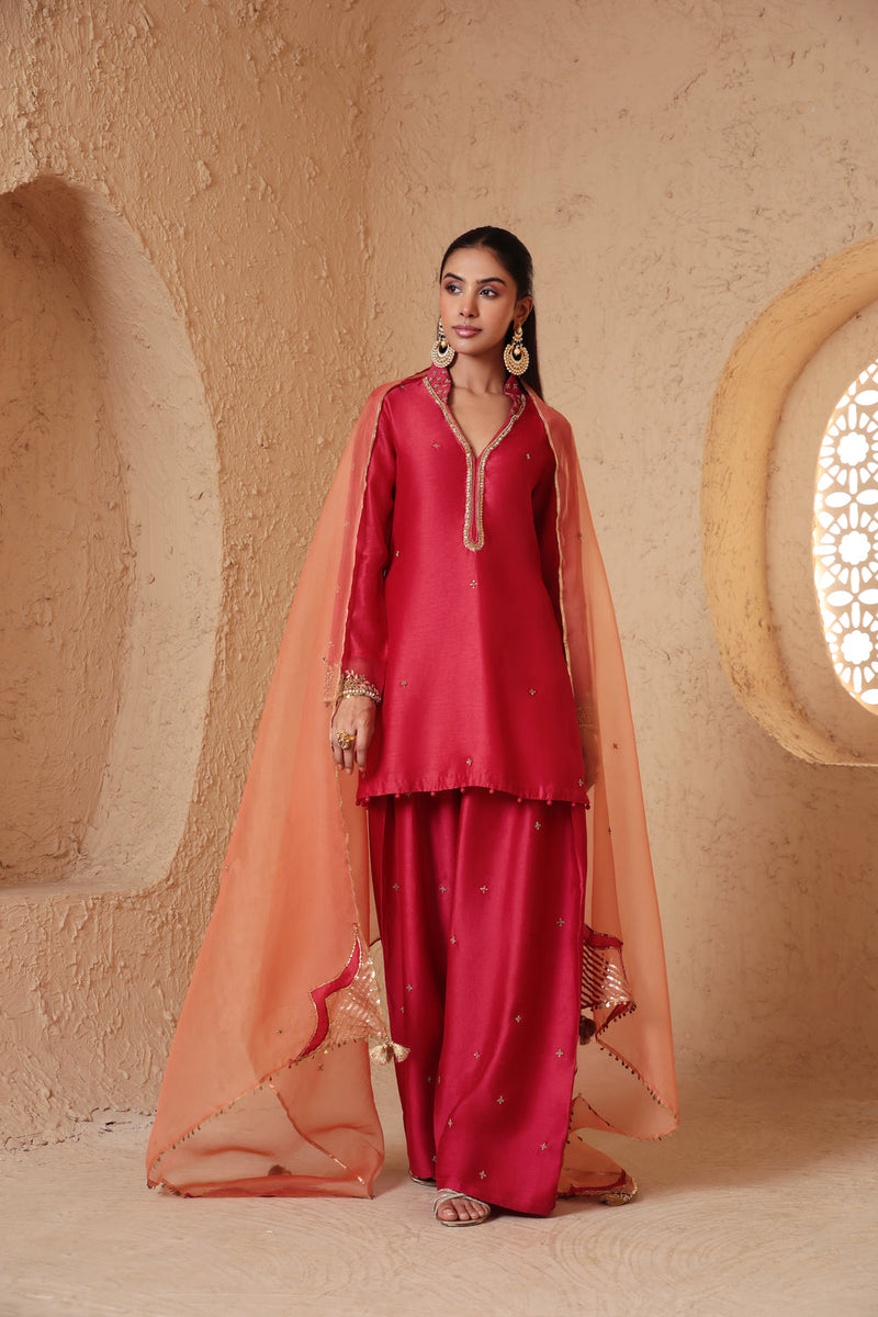 Mehrang Red Short Buti Kurta Set silk chanderi , silk tencel kurta/kurta set by Niti Bothra in red for women in Singapore