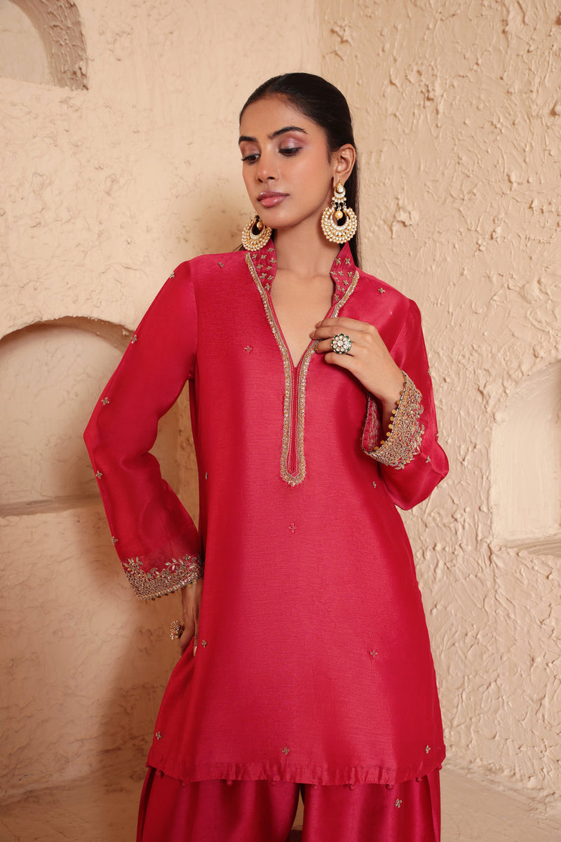 Mehrang Red Short Buti Kurta Set silk chanderi , silk tencel kurta/kurta set by Niti Bothra in red for women in Singapore