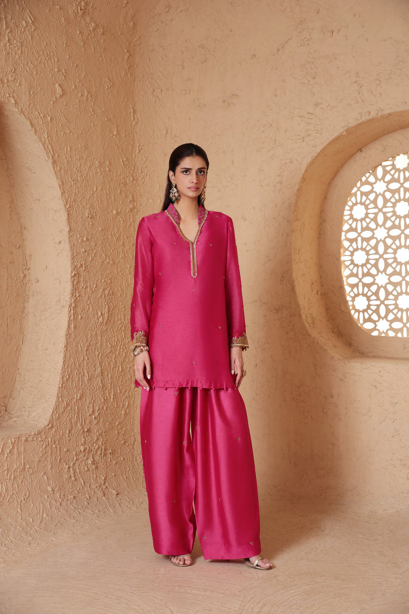 Mehrang Pink Short Buti Kurta Set silk chanderi , silk tencel kurta/kurta set by Niti Bothra in pink for women in Singapore