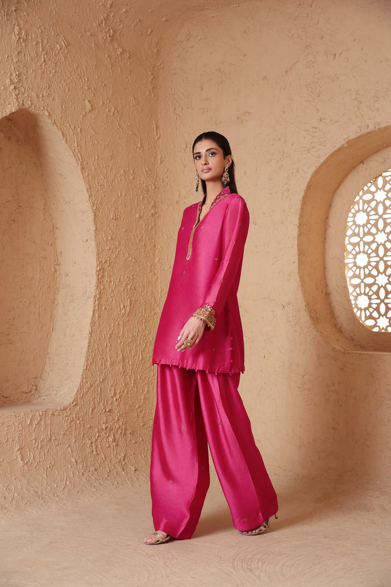 Mehrang Pink Short Buti Kurta Set silk chanderi , silk tencel kurta/kurta set by Niti Bothra in pink for women in Singapore