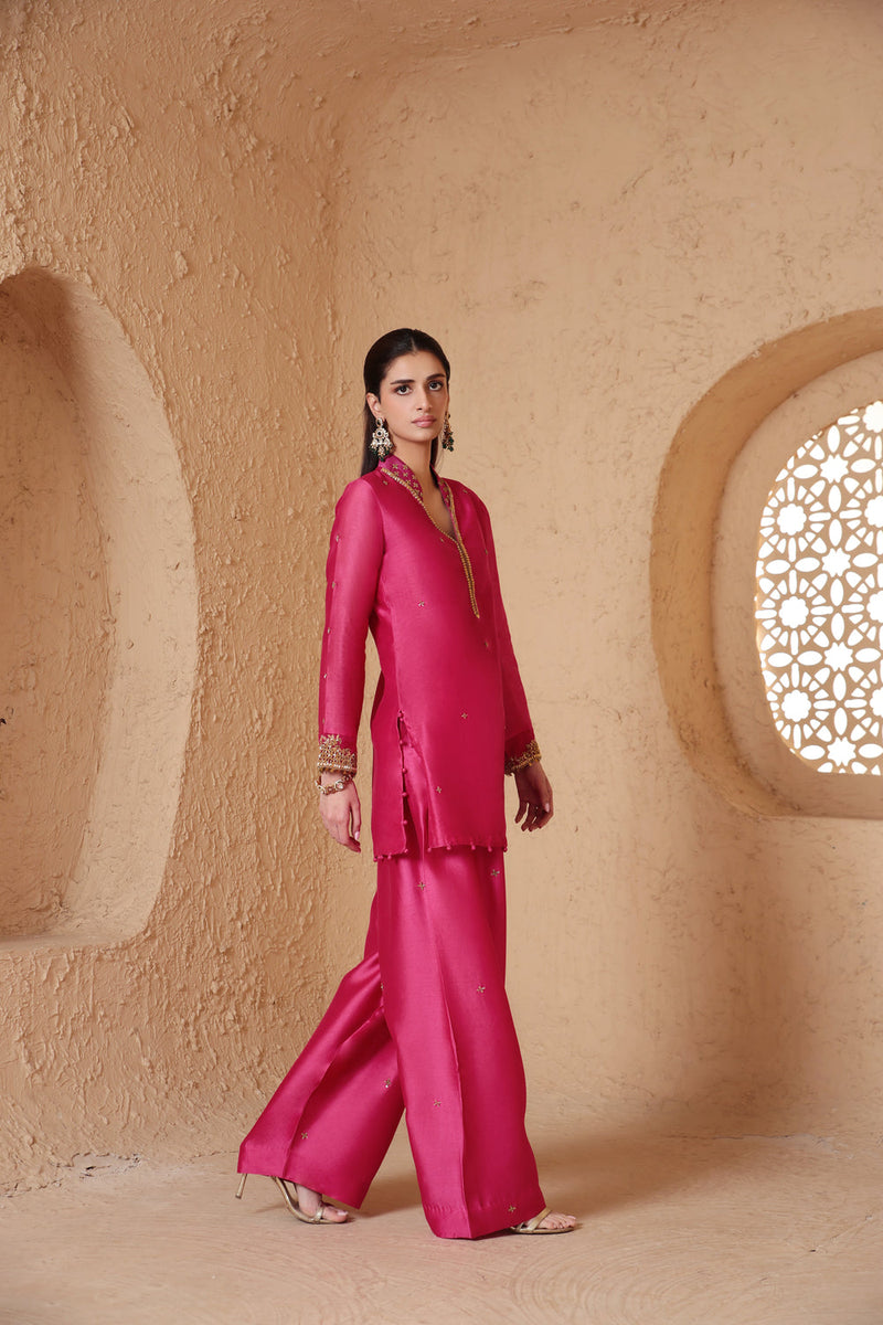 Mehrang Pink Short Buti Kurta Set silk chanderi , silk tencel kurta/kurta set by Niti Bothra in pink for women in Singapore