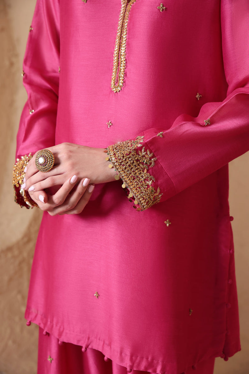 Mehrang Pink Short Buti Kurta Set silk chanderi , silk tencel kurta/kurta set by Niti Bothra in pink for women in Singapore
