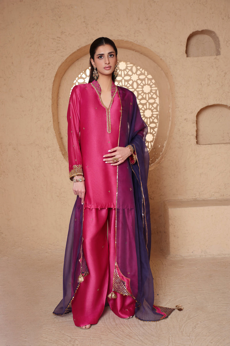 Mehrang Pink Short Buti Kurta Set silk chanderi , silk tencel kurta/kurta set by Niti Bothra in pink for women in Singapore