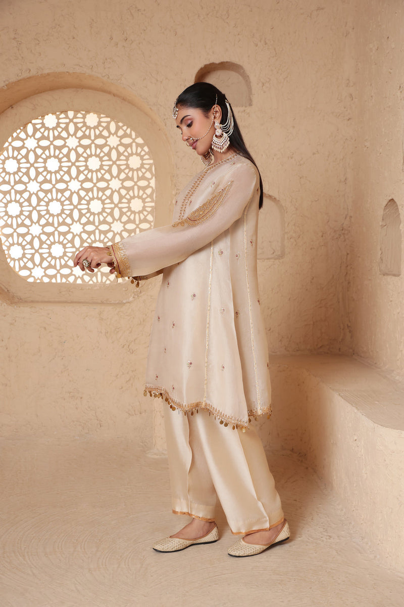 Mehrang Ivory Short Pheran Kurta Set organza , silk tencel kurta/kurta set by Niti Bothra in ivory for women in Singapore