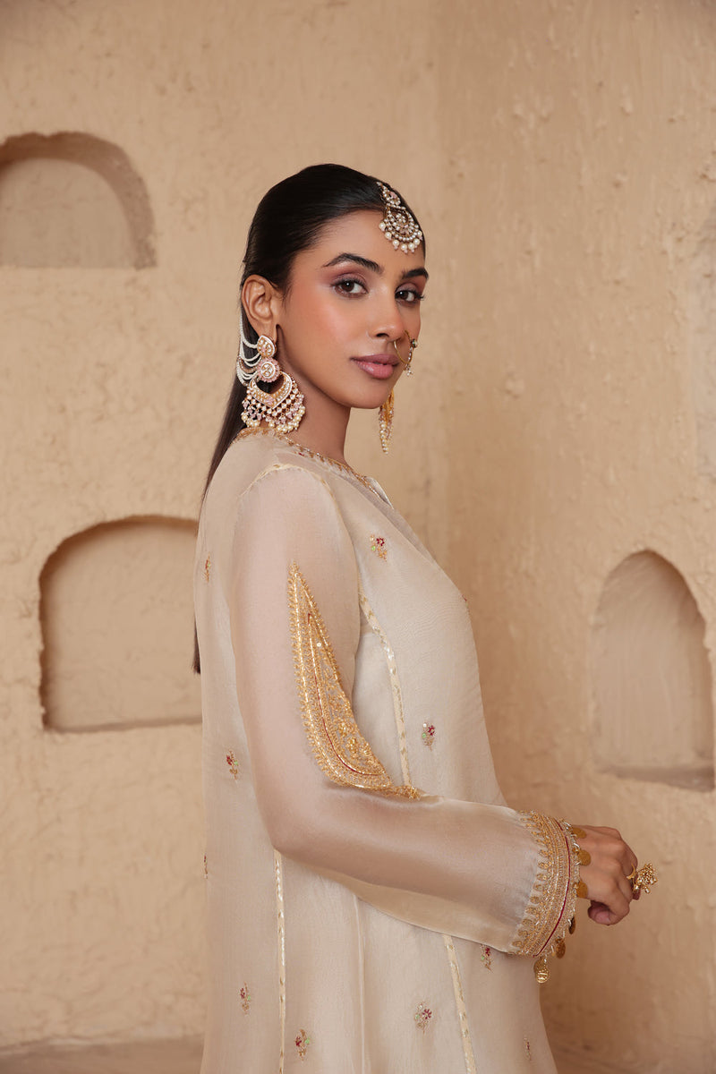 Mehrang Ivory Short Pheran Kurta Set organza , silk tencel kurta/kurta set by Niti Bothra in ivory for women in Singapore