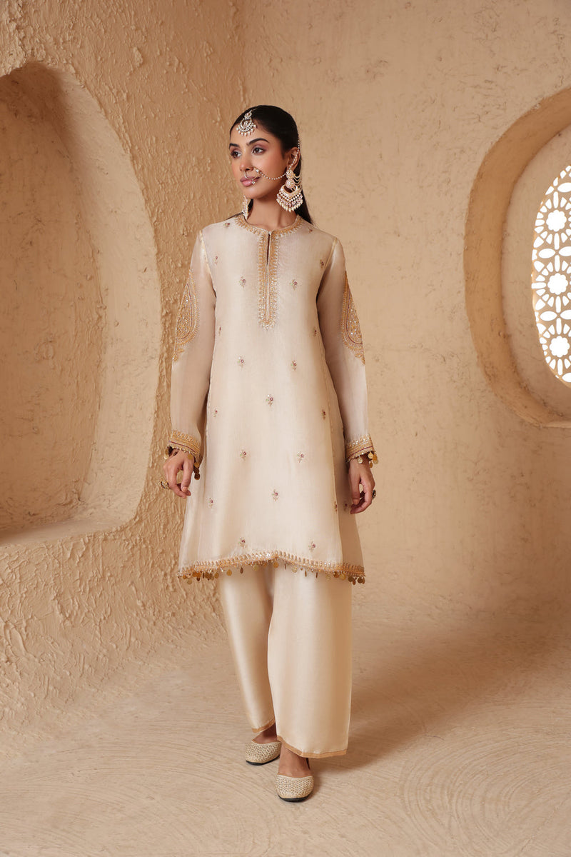 Mehrang Ivory Short Pheran Kurta Set organza , silk tencel kurta/kurta set by Niti Bothra in ivory for women in Singapore