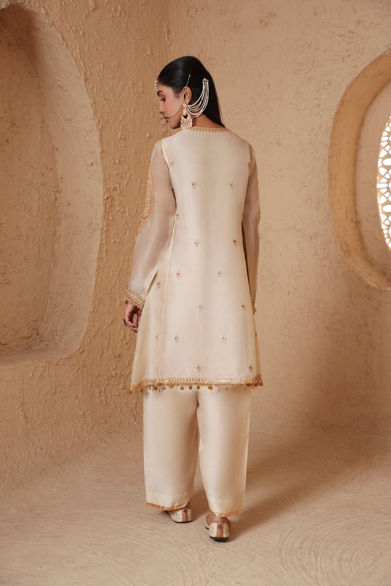 Mehrang Ivory Short Pheran Kurta Set organza , silk tencel kurta/kurta set by Niti Bothra in ivory for women in Singapore