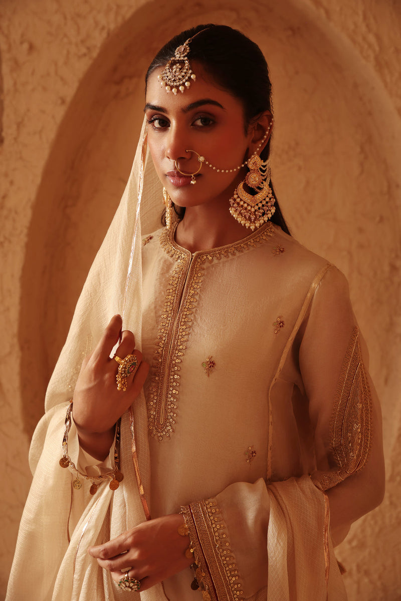 Mehrang Ivory Short Pheran Kurta Set organza , silk tencel kurta/kurta set by Niti Bothra in ivory for women in Singapore