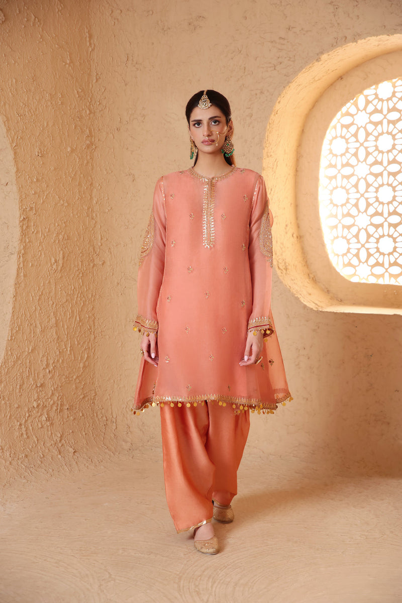 Mehrang Peach Short Pheran Kurta Set organza , silk tencel kurta/kurta set by Niti Bothra in peach for women in Singapore