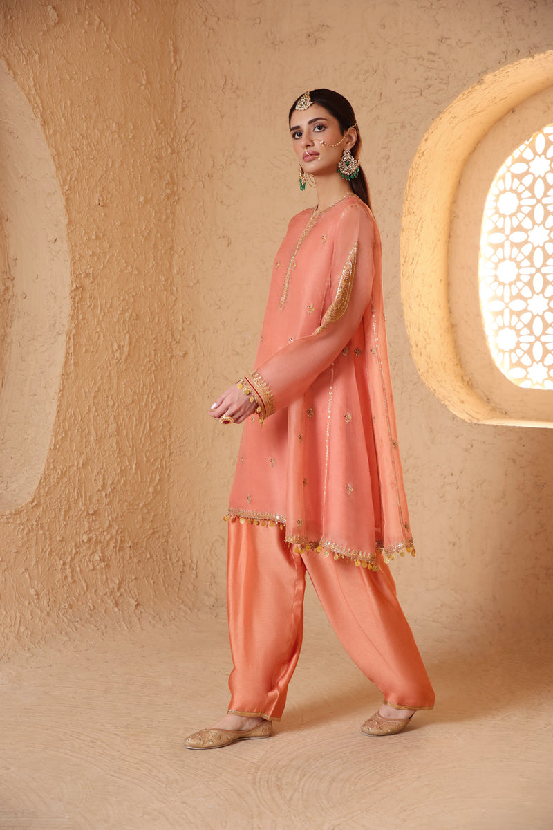 Mehrang Peach Short Pheran Kurta Set organza , silk tencel kurta/kurta set by Niti Bothra in peach for women in Singapore