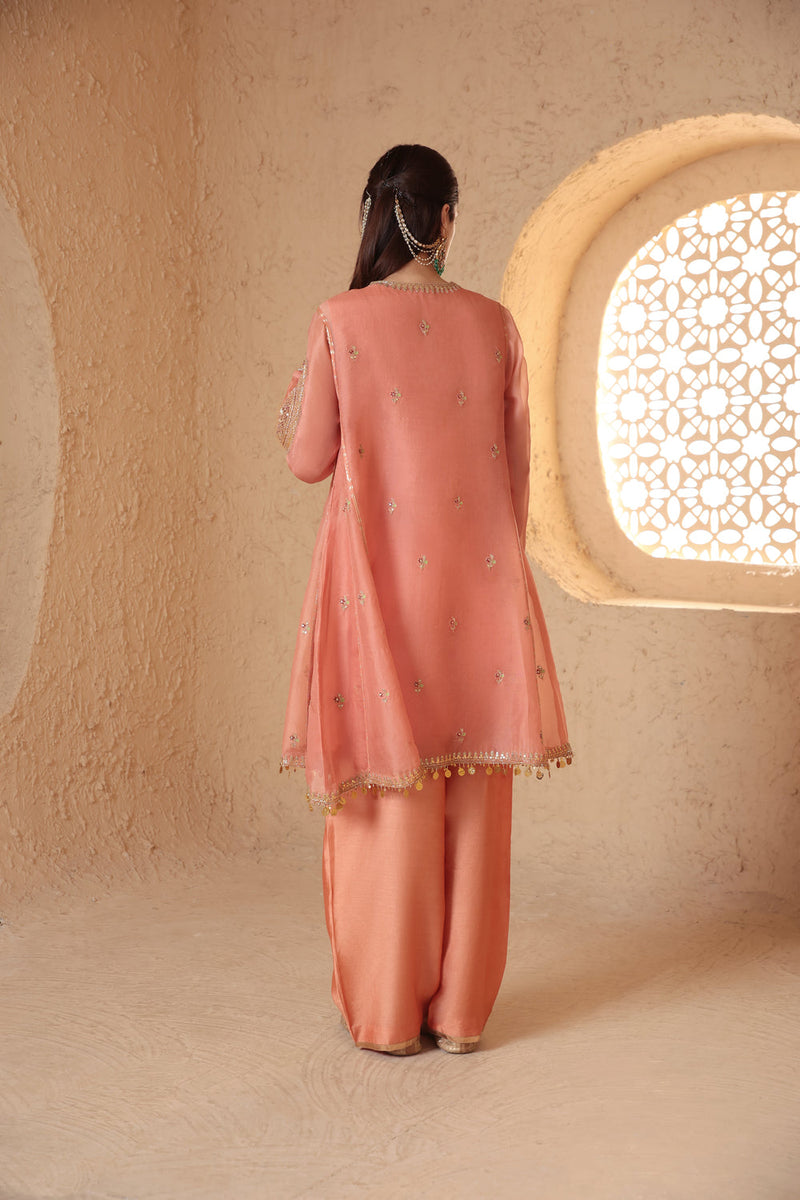 Mehrang Peach Short Pheran Kurta Set organza , silk tencel kurta/kurta set by Niti Bothra in peach for women in Singapore