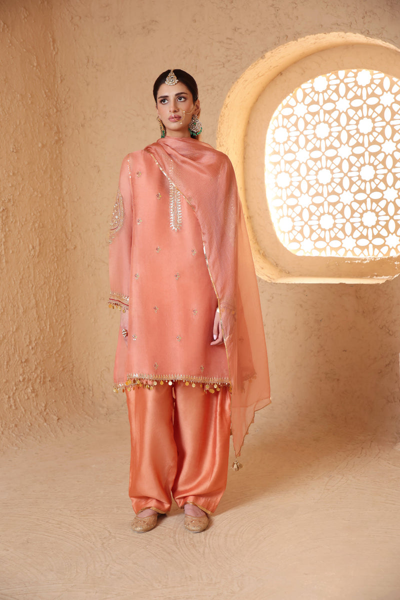 Mehrang Peach Short Pheran Kurta Set organza , silk tencel kurta/kurta set by Niti Bothra in peach for women in Singapore