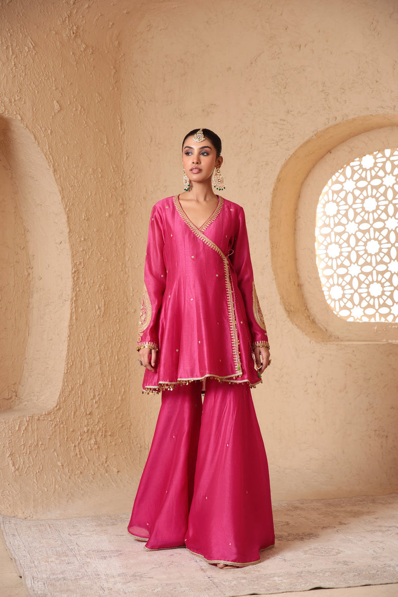 Mehrang Pink Angrakha Sharara Set silk chanderi kurta/kurta set by Niti Bothra in pink for women in Singapore