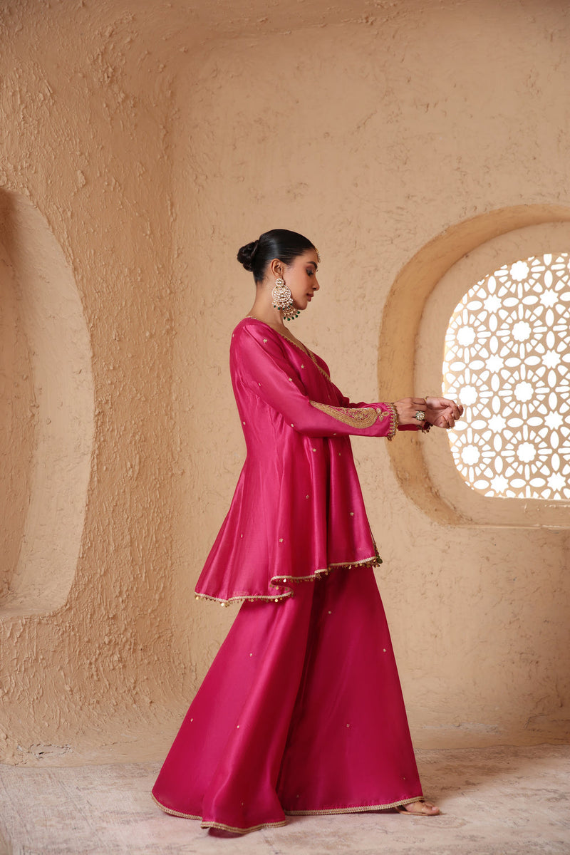 Mehrang Pink Angrakha Sharara Set silk chanderi kurta/kurta set by Niti Bothra in pink for women in Singapore