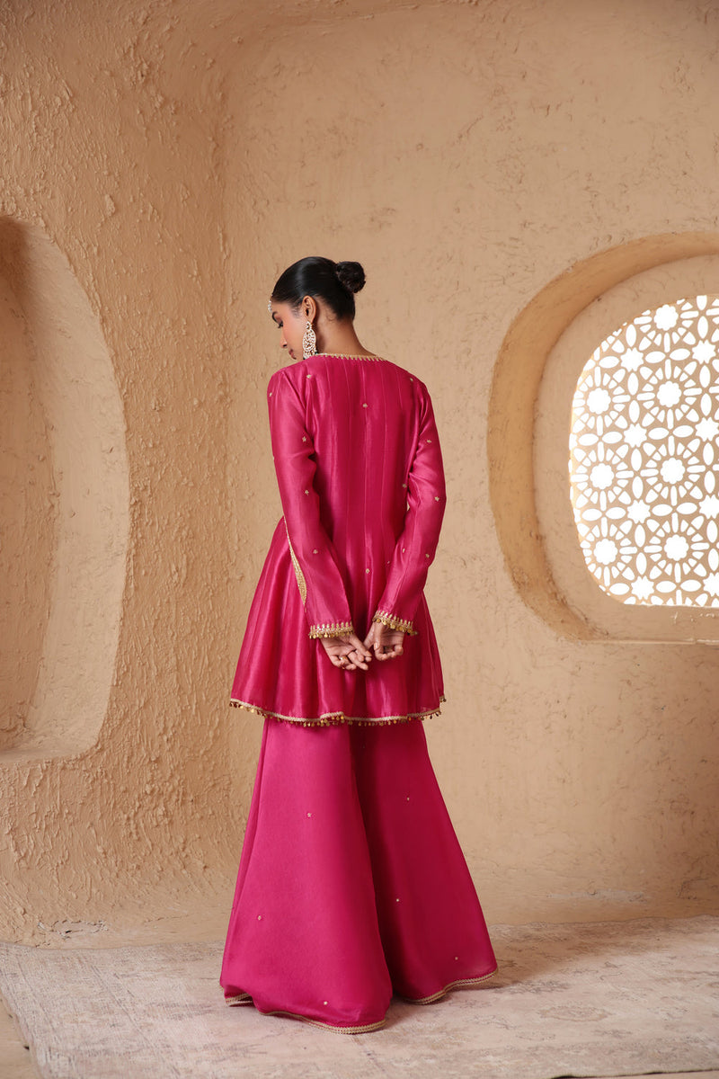 Mehrang Pink Angrakha Sharara Set silk chanderi kurta/kurta set by Niti Bothra in pink for women in Singapore