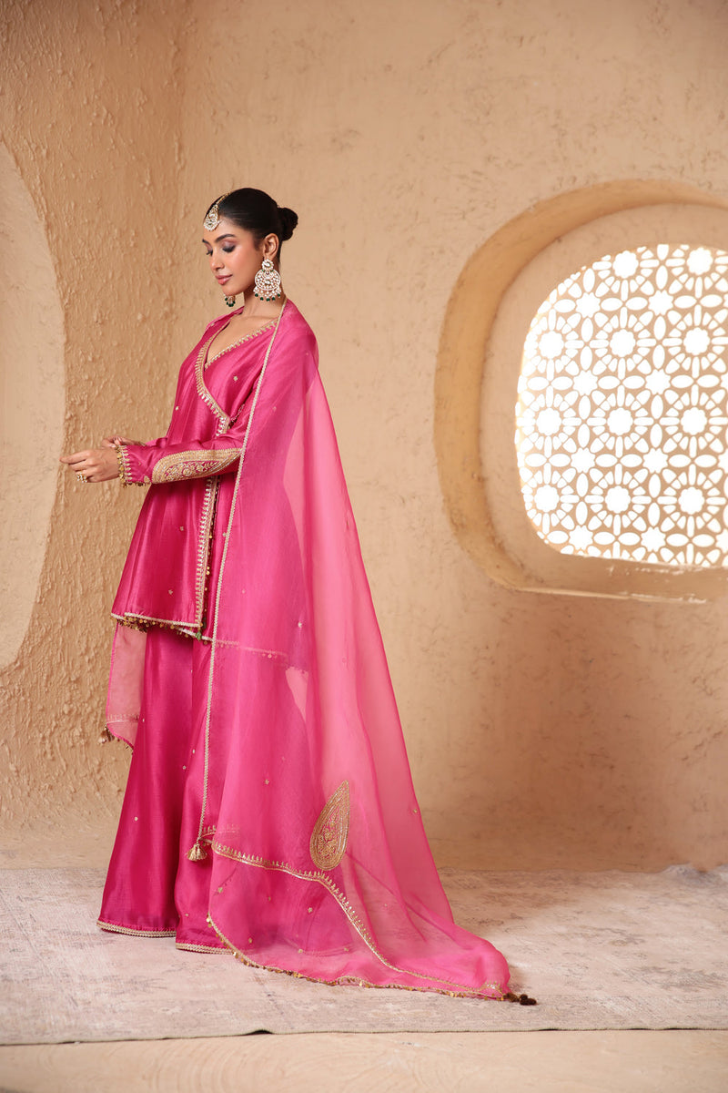 Mehrang Pink Angrakha Sharara Set silk chanderi kurta/kurta set by Niti Bothra in pink for women in Singapore