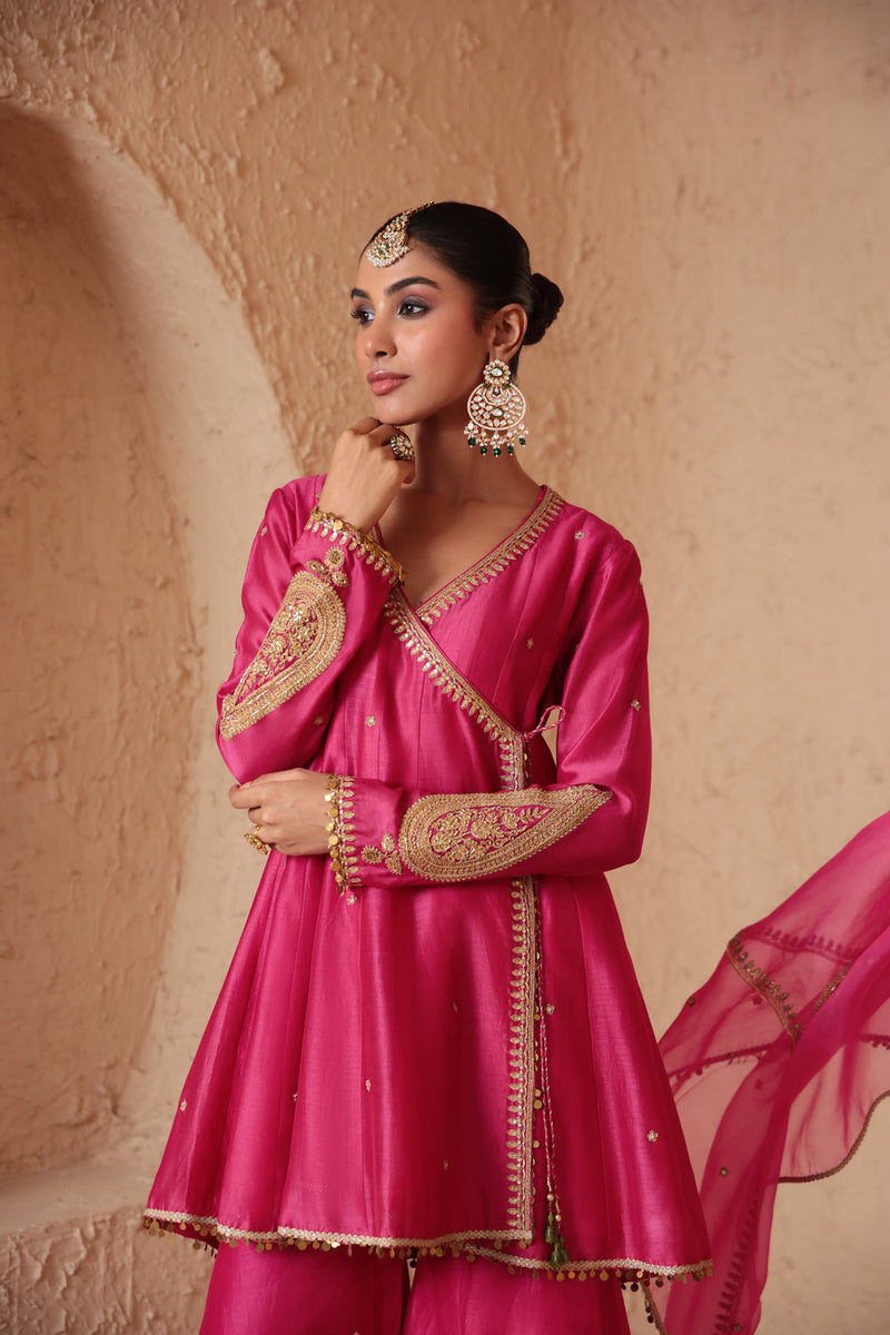 Mehrang Pink Angrakha Sharara Set silk chanderi kurta/kurta set by Niti Bothra in pink for women in Singapore