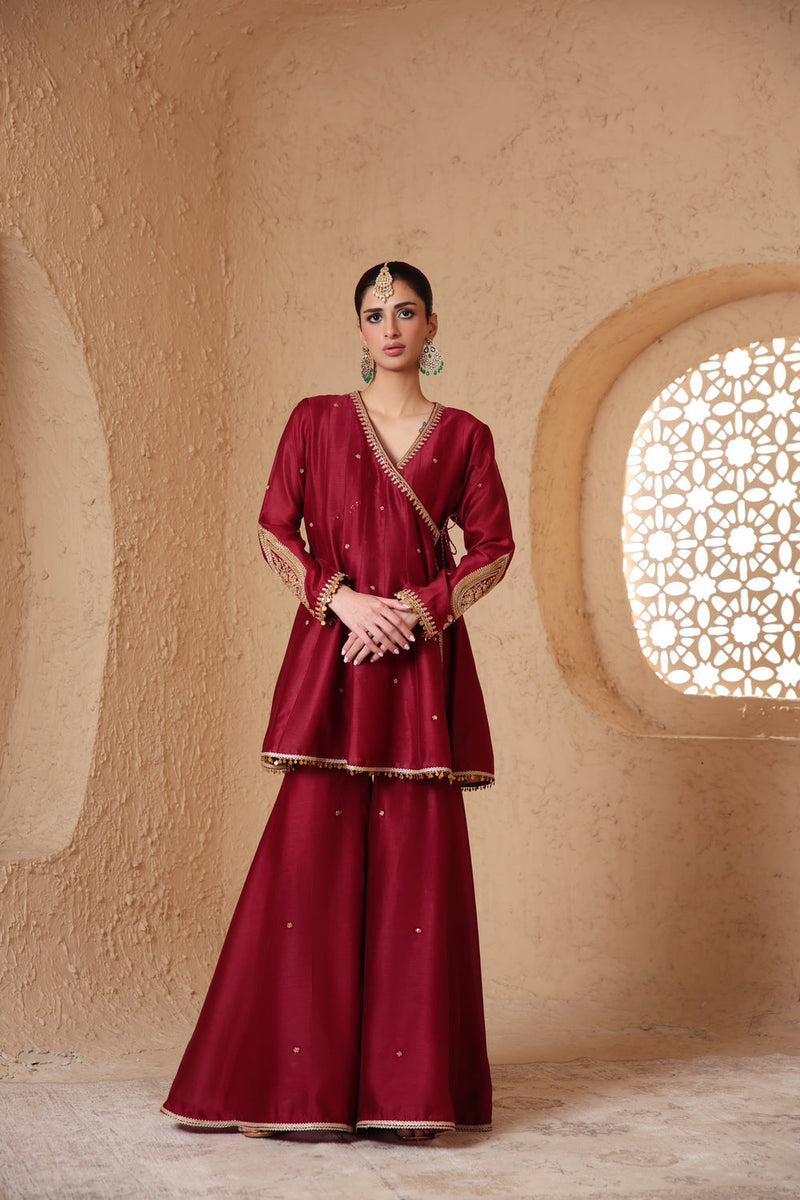 Mehrang Maroon Angrakha Sharara Set silk chanderi kurta/kurta set by Niti Bothra in maroon for women in Singapore