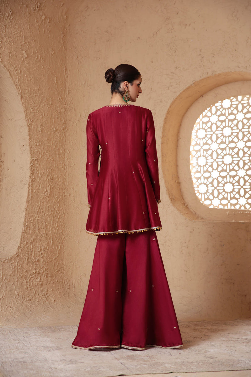 Mehrang Maroon Angrakha Sharara Set silk chanderi kurta/kurta set by Niti Bothra in maroon for women in Singapore