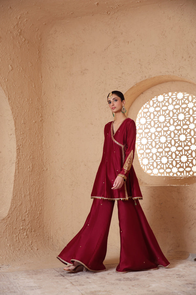 Mehrang Maroon Angrakha Sharara Set silk chanderi kurta/kurta set by Niti Bothra in maroon for women in Singapore