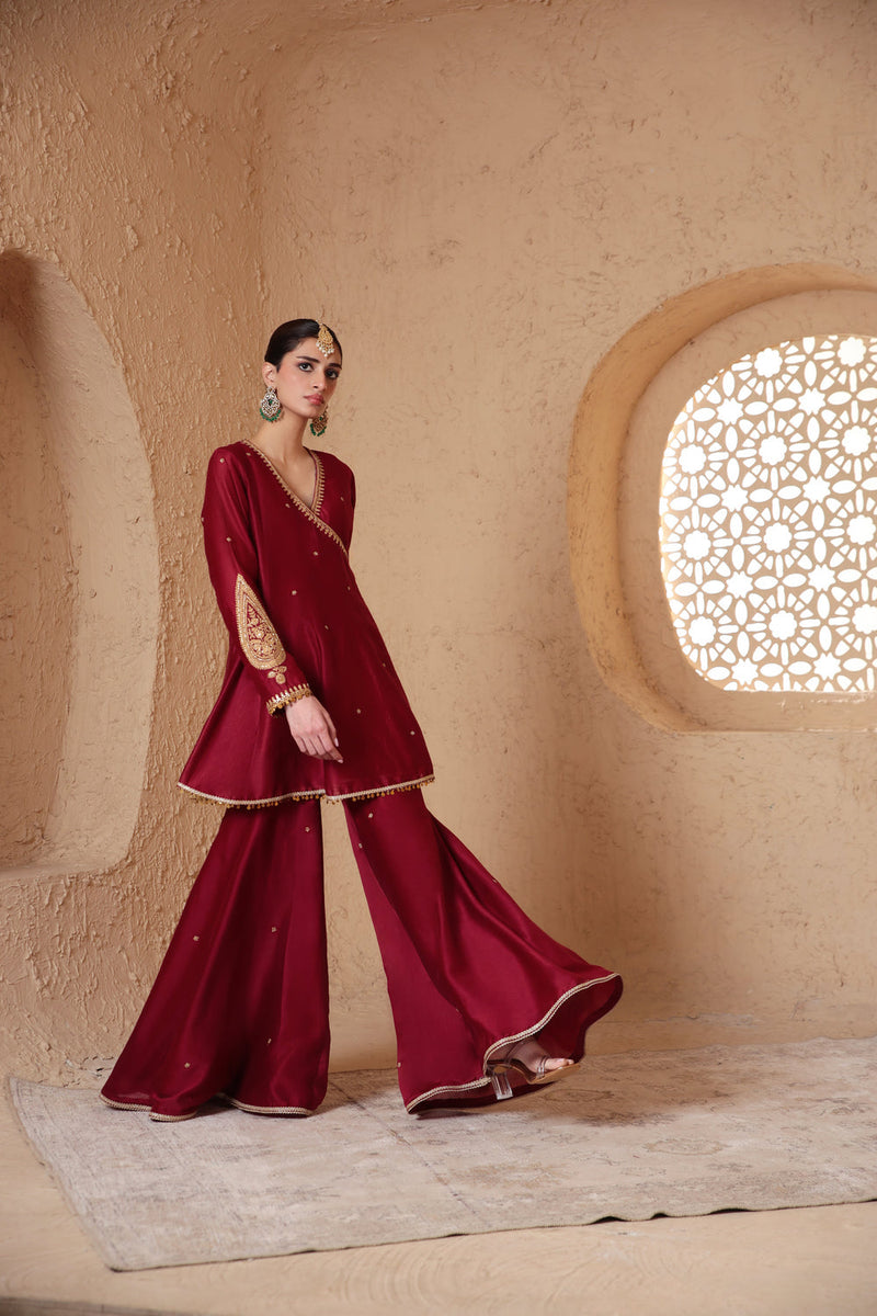 Mehrang Maroon Angrakha Sharara Set silk chanderi kurta/kurta set by Niti Bothra in maroon for women in Singapore