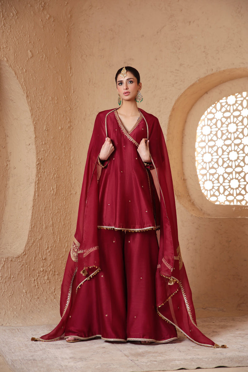 Mehrang Maroon Angrakha Sharara Set silk chanderi kurta/kurta set by Niti Bothra in maroon for women in Singapore