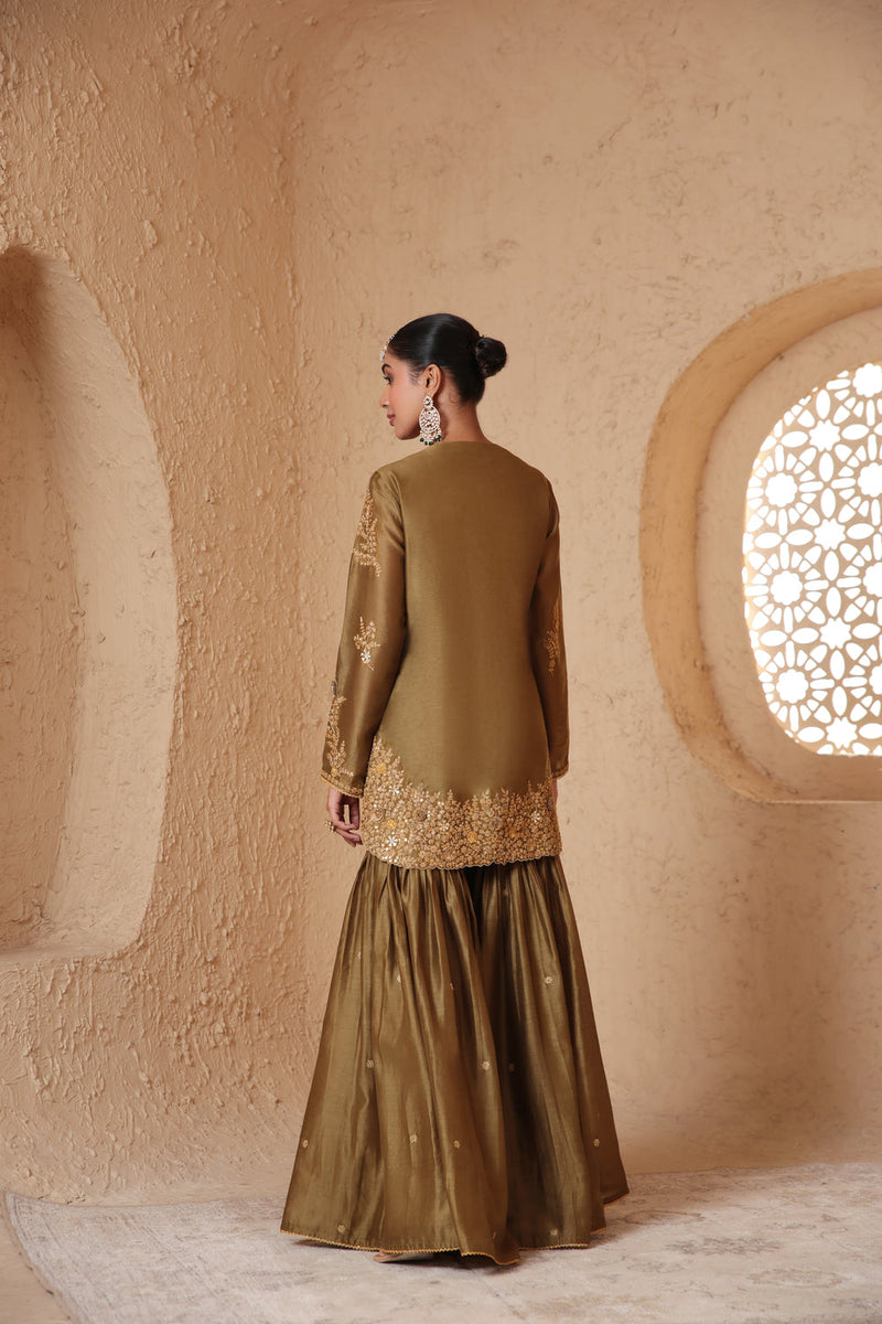 Mehrang Olive Green Heavy Sharara Set silk chanderi kurta/kurta set by Niti Bothra in green for women in Singapore