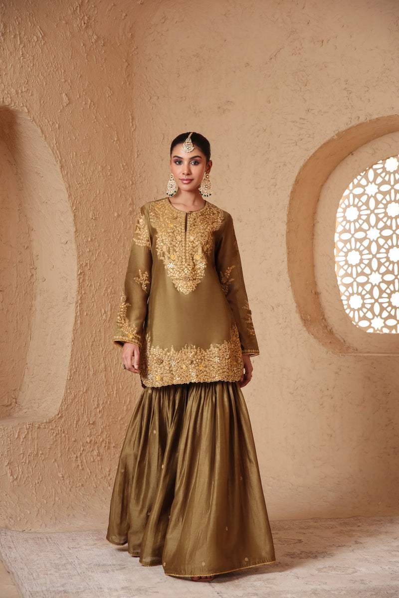 Mehrang Olive Green Heavy Sharara Set silk chanderi kurta/kurta set by Niti Bothra in green for women in Singapore