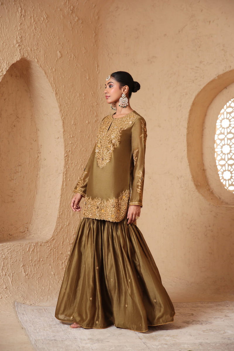 Mehrang Olive Green Heavy Sharara Set silk chanderi kurta/kurta set by Niti Bothra in green for women in Singapore