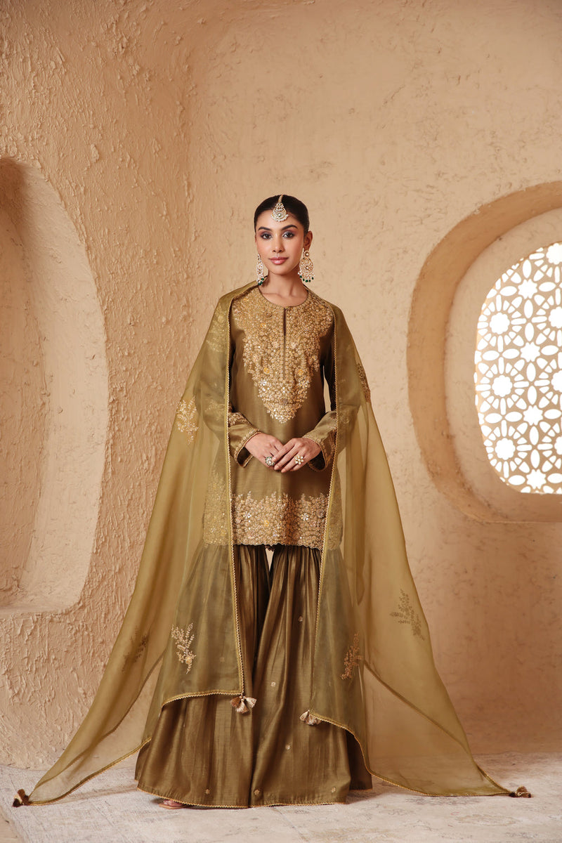 Mehrang Olive Green Heavy Sharara Set silk chanderi kurta/kurta set by Niti Bothra in green for women in Singapore