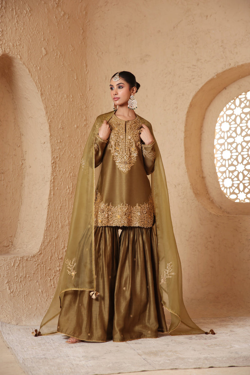 Mehrang Olive Green Heavy Sharara Set silk chanderi kurta/kurta set by Niti Bothra in green for women in Singapore