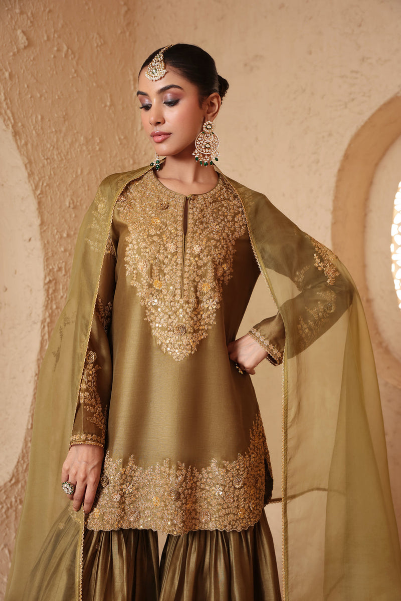 Mehrang Olive Green Heavy Sharara Set silk chanderi kurta/kurta set by Niti Bothra in green for women in Singapore