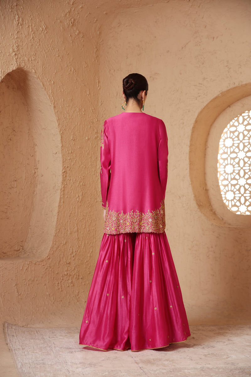Mehrang Pink Heavy Sharara Set silk chanderi kurta/kurta set by Niti Bothra in pink for women in Singapore