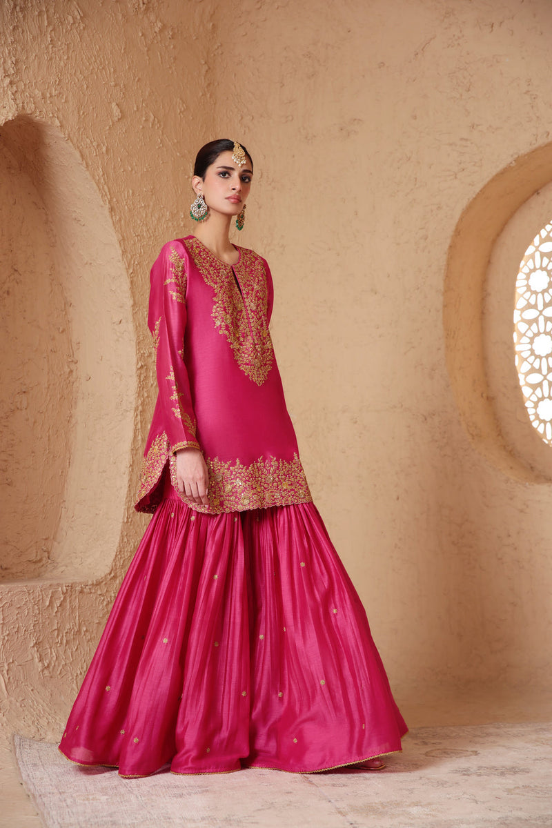 Mehrang Pink Heavy Sharara Set silk chanderi kurta/kurta set by Niti Bothra in pink for women in Singapore